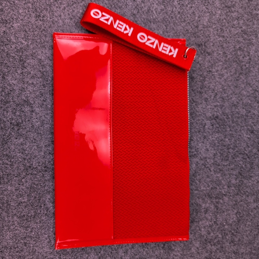 Kenzo Parfums Pouch Clutch Bag Red Patent Logo Wristlet Strap Designer Accessory